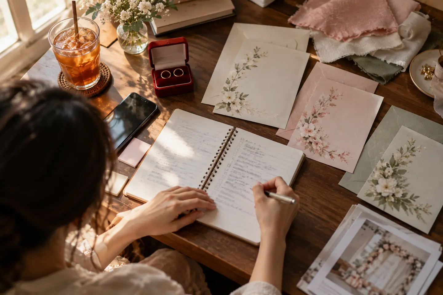 Sổ tay, hộp nhẫn cưới, mẫu vải và thiệp mẫu trên bàn khi chuẩn bị đám cưới
