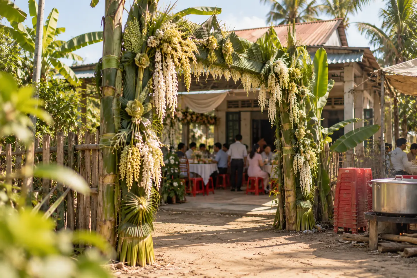Cổng cưới ở quê kết bằng thân chuối, lá dừa và hoa cau