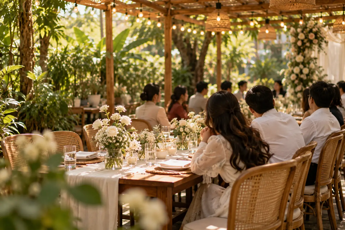 Tiệc cưới nhỏ ở quán cà phê sân vườn, khách ngồi chung một bàn dài