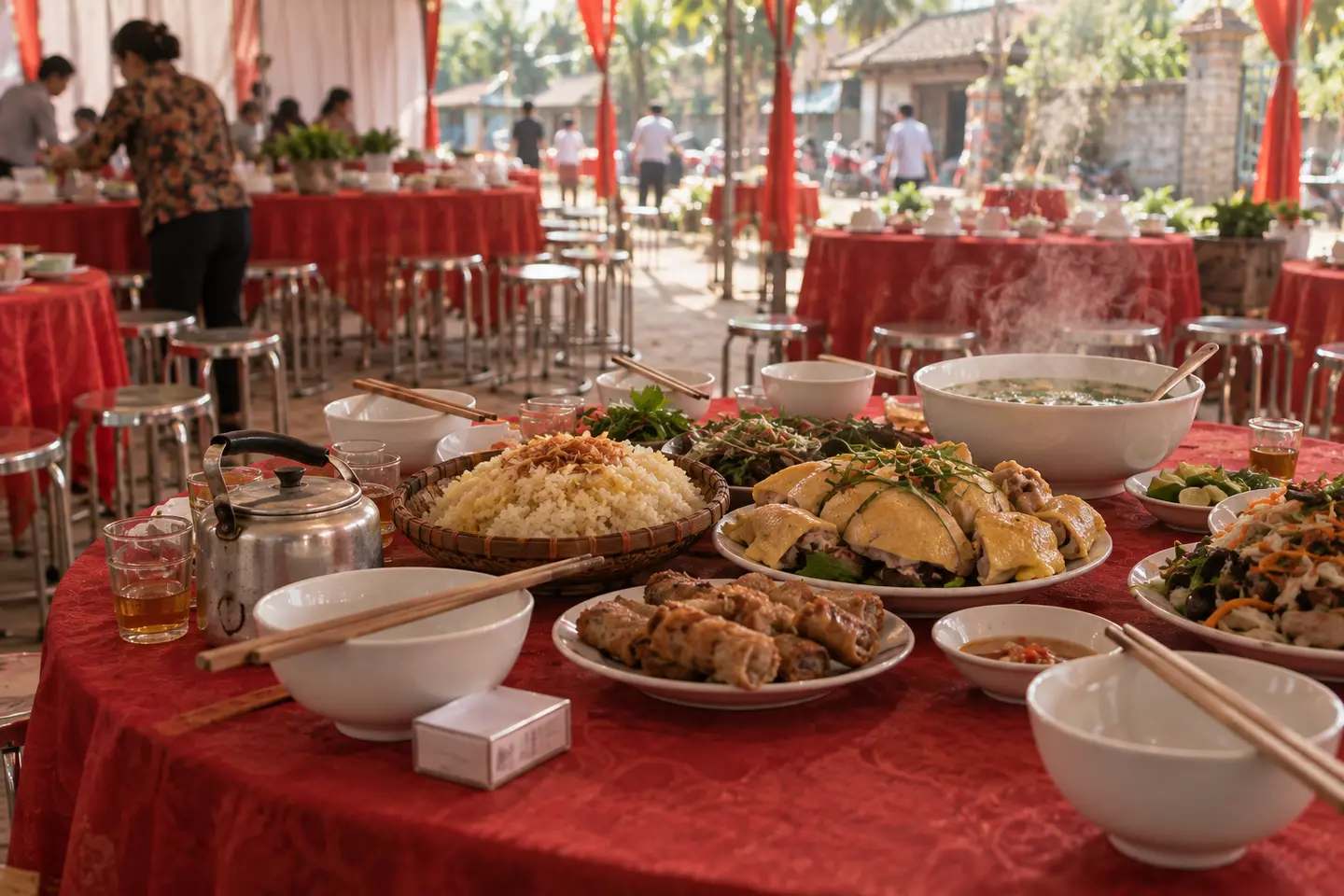 Một mâm cỗ ở rạp cưới quê đã dọn sẵn xôi, gà luộc, nem và bát canh