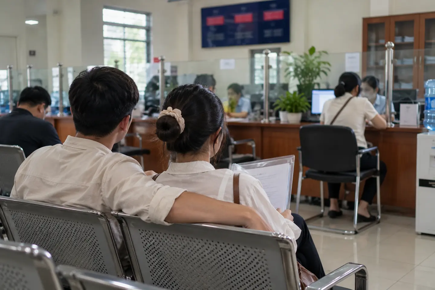 Cặp đôi ngồi chờ ở bộ phận một cửa để nộp hồ sơ đăng ký kết hôn