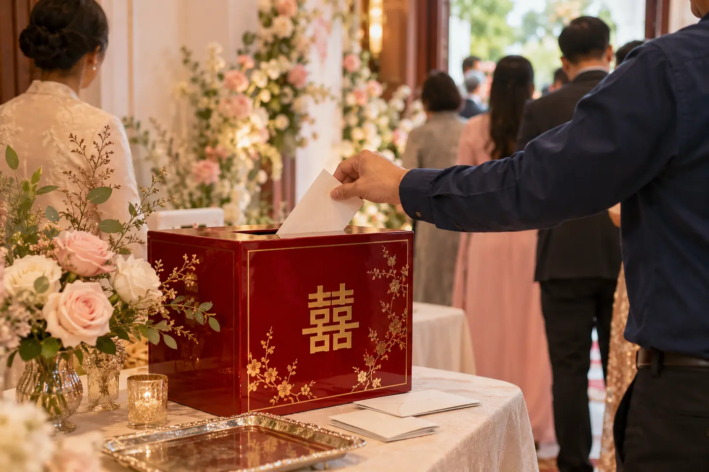 Khách bỏ phong bì vào thùng mừng cưới ở bàn đón khách