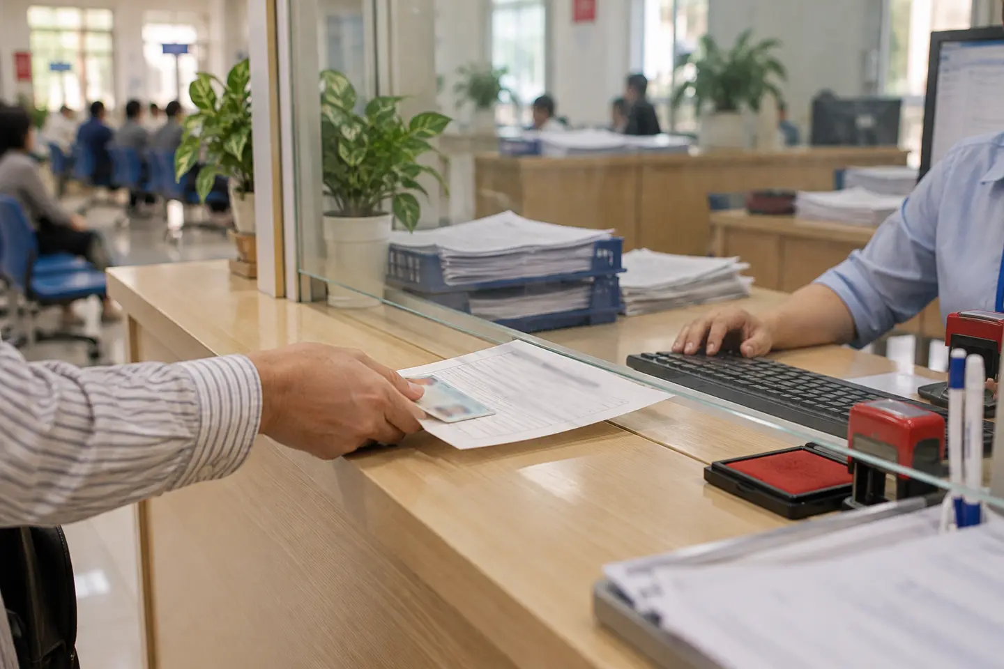Người dân đưa tờ khai qua quầy một cửa của một UBND phường