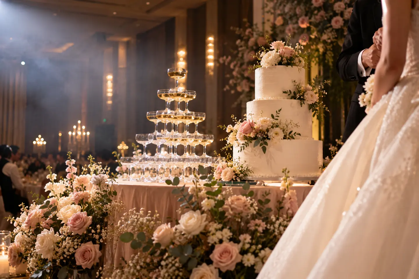 Tháp ly và bánh cưới ba tầng trên sân khấu tiệc cưới