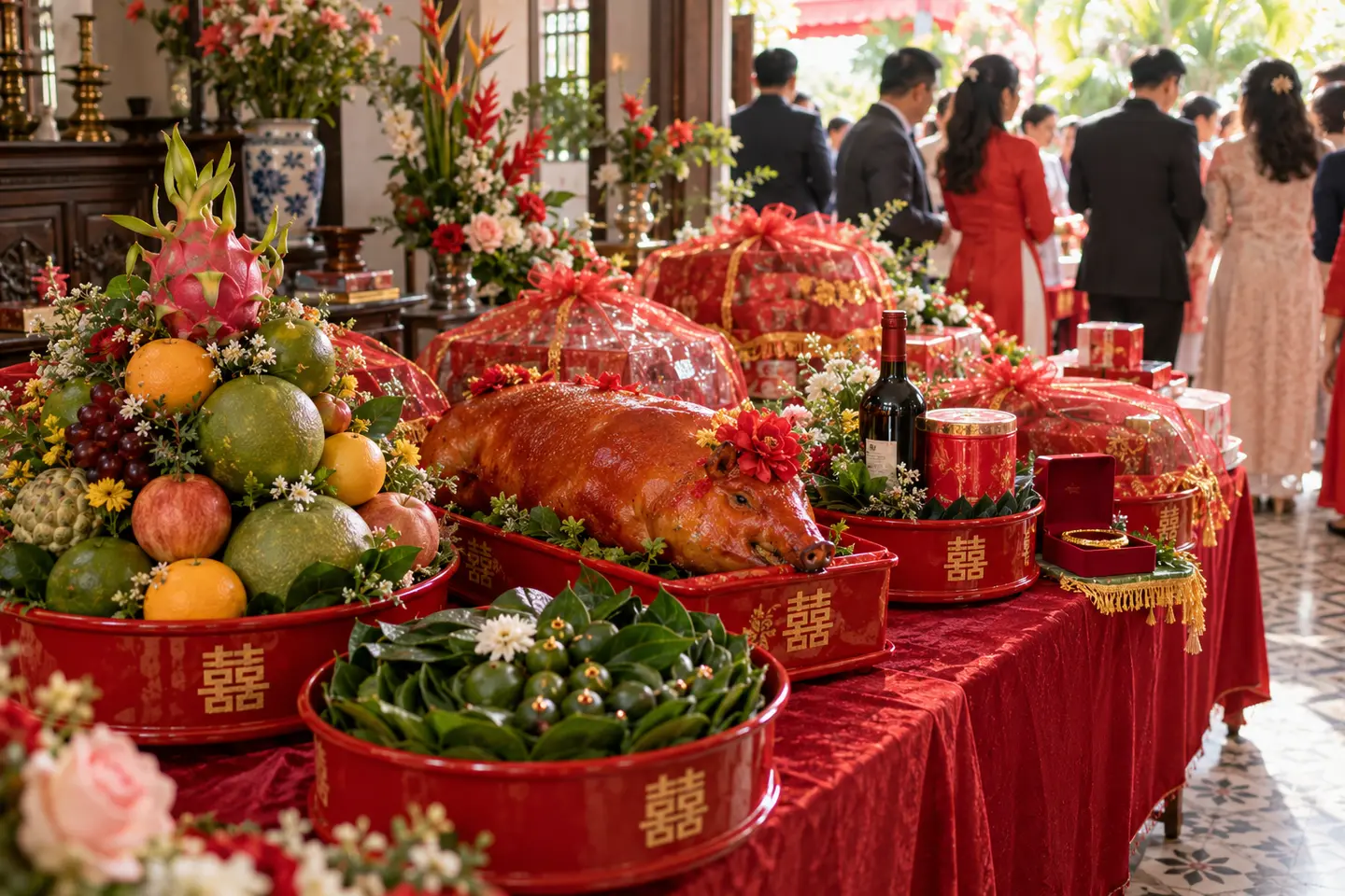 Mâm quả đám hỏi miền Nam có heo quay, trái cây, trầu cau, rượu trà