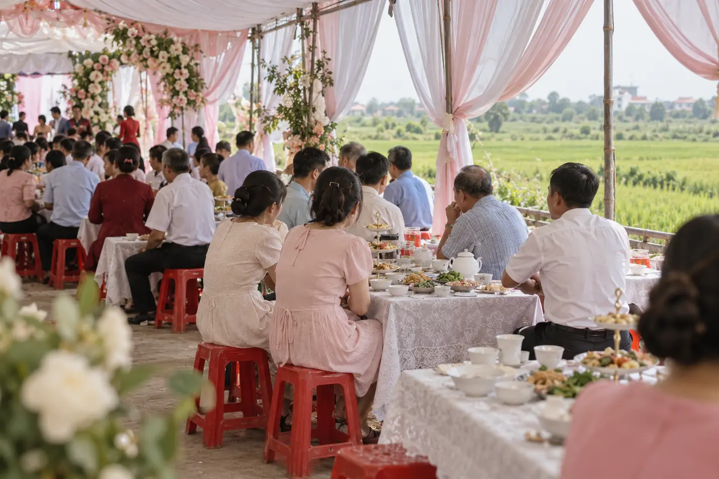 Khách ngồi ăn cỗ dưới rạp cưới ở quê