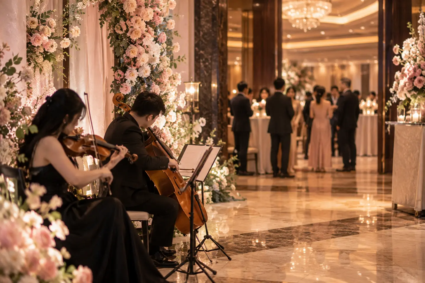 Hai nhạc công chơi violon và cello ở góc sảnh tiệc cưới lúc đón khách