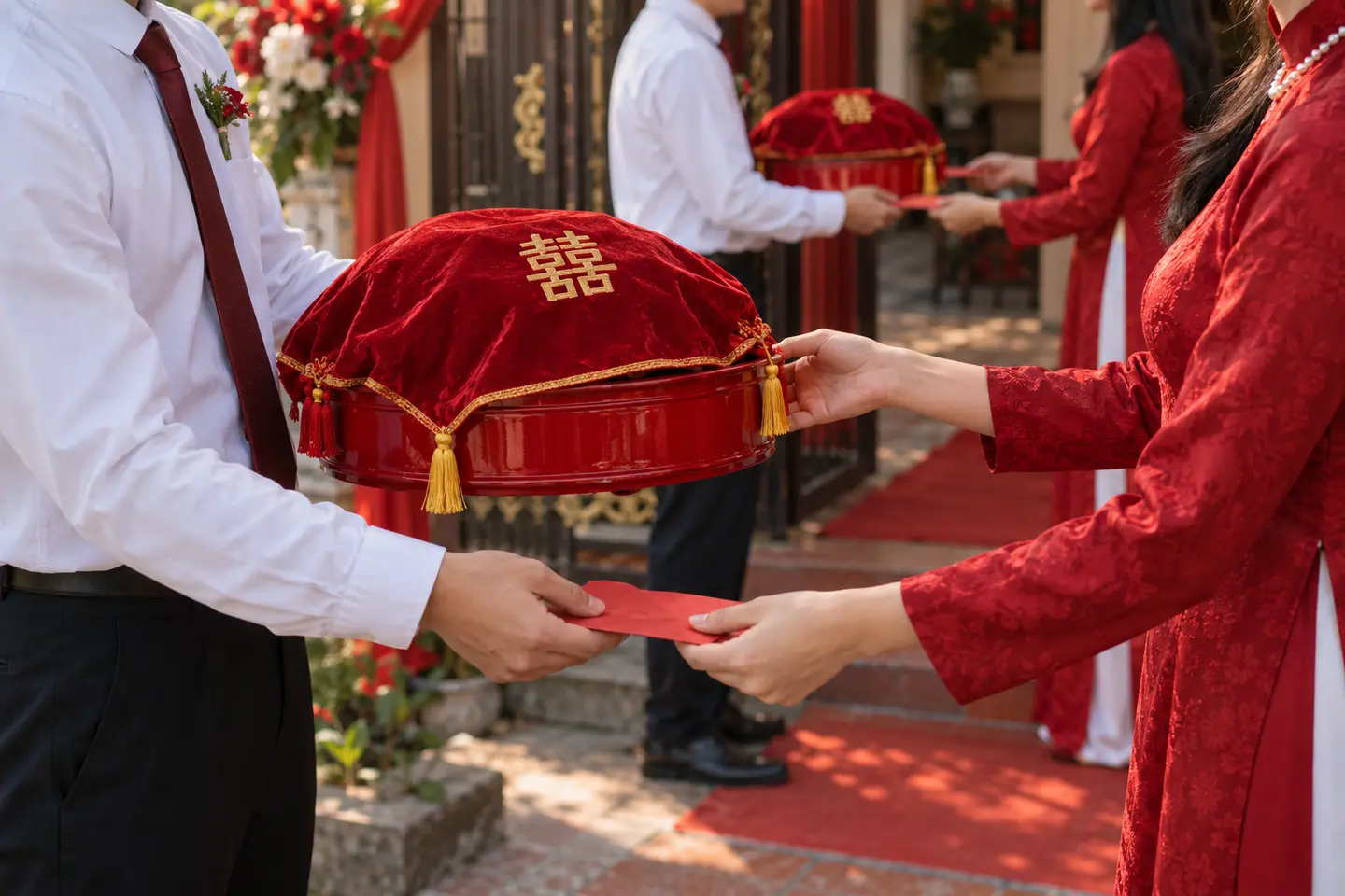 Người bê tráp nhà trai trao tráp và phong bì đỏ cho người đỡ tráp nhà gái trước cổng