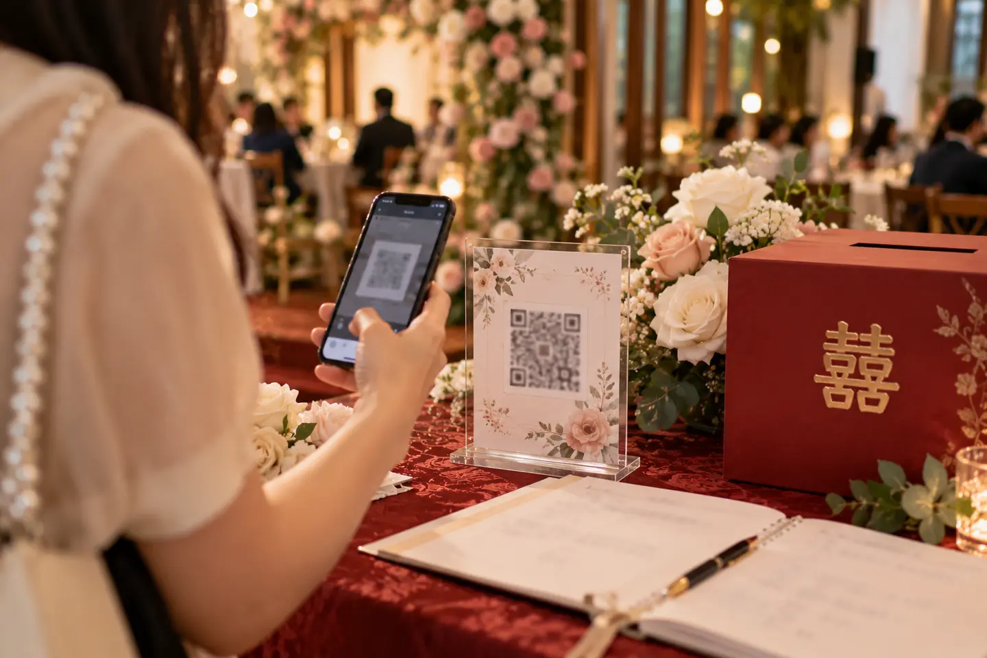 Khách quét mã QR mừng cưới đặt cạnh thùng mừng ở bàn đón khách