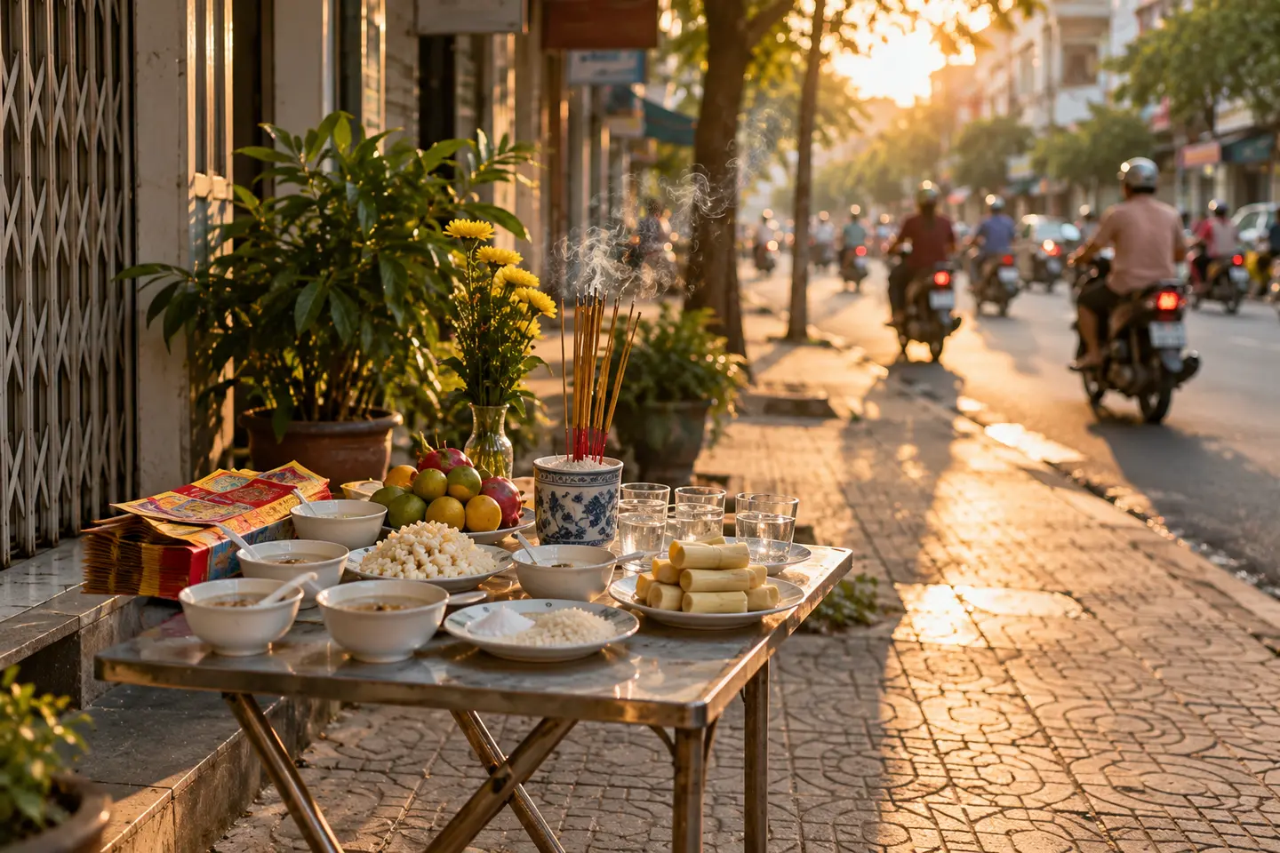Mâm cúng cô hồn trên vỉa hè trước cửa nhà vào tháng 7 âm lịch