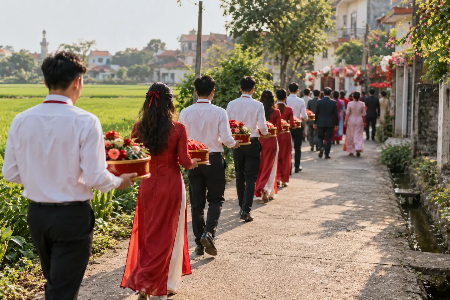 Đoàn bê tráp nhà trai đi ăn hỏi trên đường làng