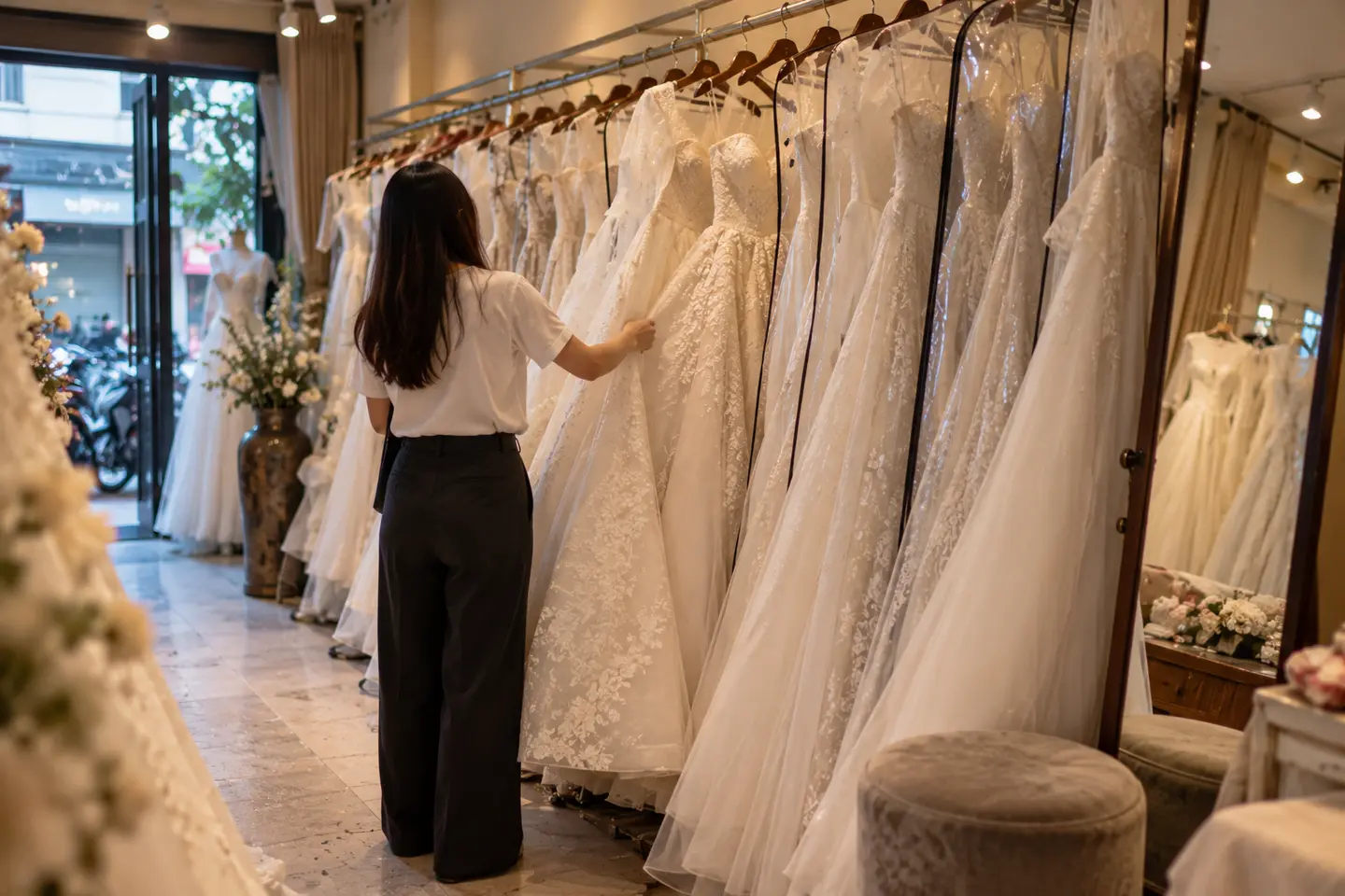 Giá treo váy cưới trắng và ngà trong một tiệm cho thuê váy cưới