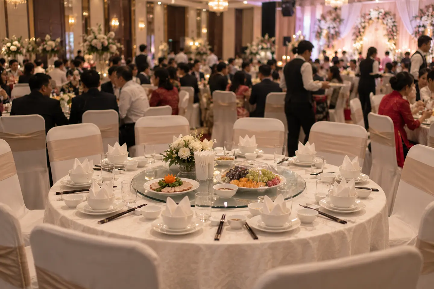 Một bàn tiệc cưới đã bày đủ bát đũa nhưng ghế trống, các bàn phía sau đã có khách