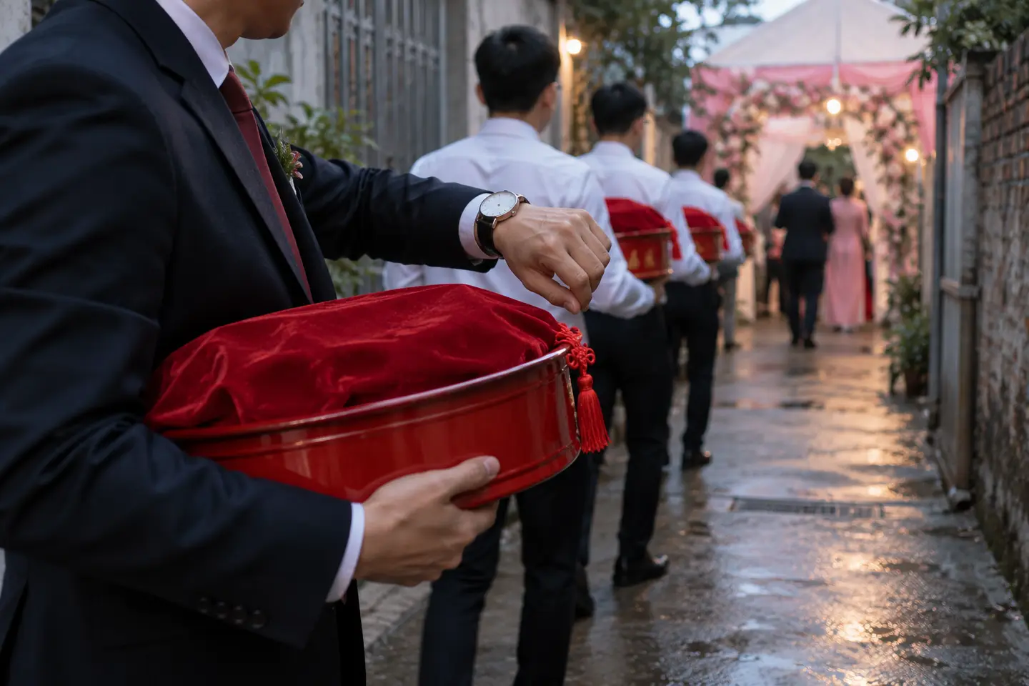 Người nhà trai bưng tráp đứng ở đầu ngõ nhà gái, liếc đồng hồ đeo tay chờ đúng giờ